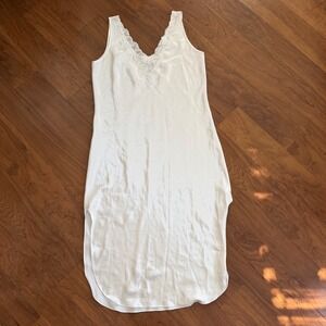 Dentelle Vintage White Satin Bridal Nightgown Chemise Nightie Lace Pearl Trim L